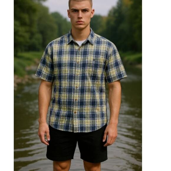 Redhead Vintage Blue Plaid Seersucker Button Front Short Sleeve Shirt Medium - Picture 3 of 9